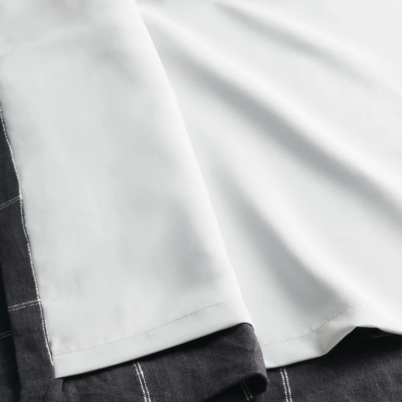 Storm Grey & Crisp White Linen Double Pinstripe Grid Blackout Window Curtain Panel 52"x84"