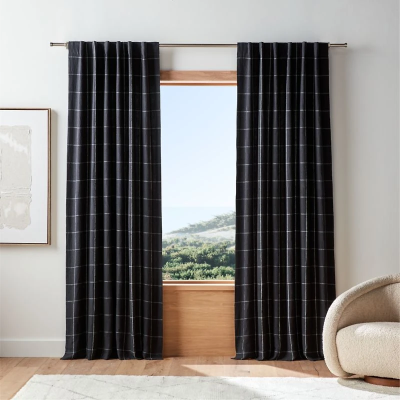 Storm Grey & Crisp White Linen Double Pinstripe Grid Blackout Window Curtain Panel 52"x84"