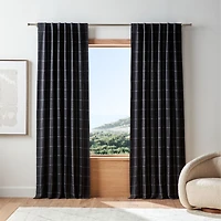 Storm Grey & Crisp White Linen Double Pinstripe Grid Blackout Window Curtain Panel 52"x84"