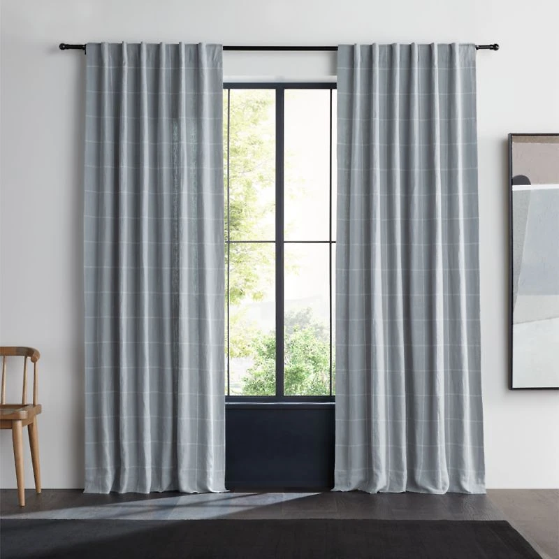 Mist Blue & Crisp White Linen Double Pinstripe Grid Window Curtain Panel 52"x96"