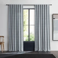 Mist Blue & Crisp White Linen Double Pinstripe Grid Window Curtain Panel 52"x96"