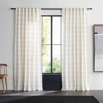 Pampas Ivory & Storm Grey Linen Double Pinstripe Grid Window Curtain Panel 52"x96"