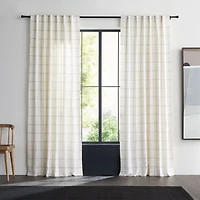Pampas Ivory & Storm Grey Linen Double Pinstripe Grid Window Curtain Panel 52"x96"