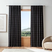 Storm Grey & Crisp White Linen Double Pinstripe Grid Window Curtain Panel 52"x84"