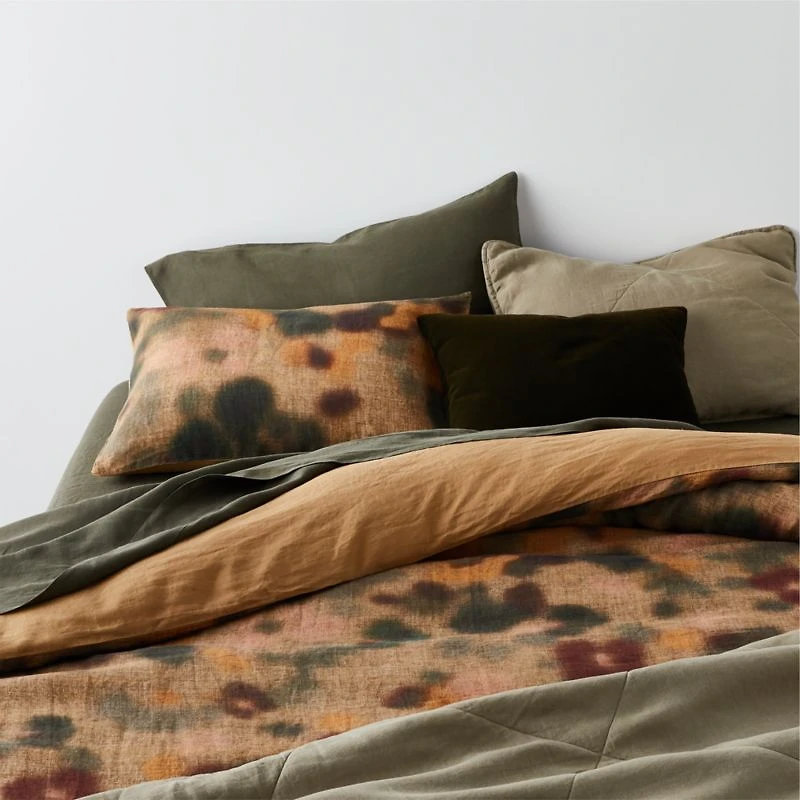 Aire Natural EUROPEAN FLAX ™-Certified Oversized Floral Ocher Tan/Burnt Green Full/Queen Duvet Cover