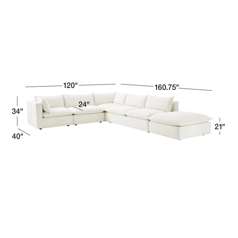 Lotus Deep Modular 5-Piece L-Shaped Sectional Sofa with Ottoman