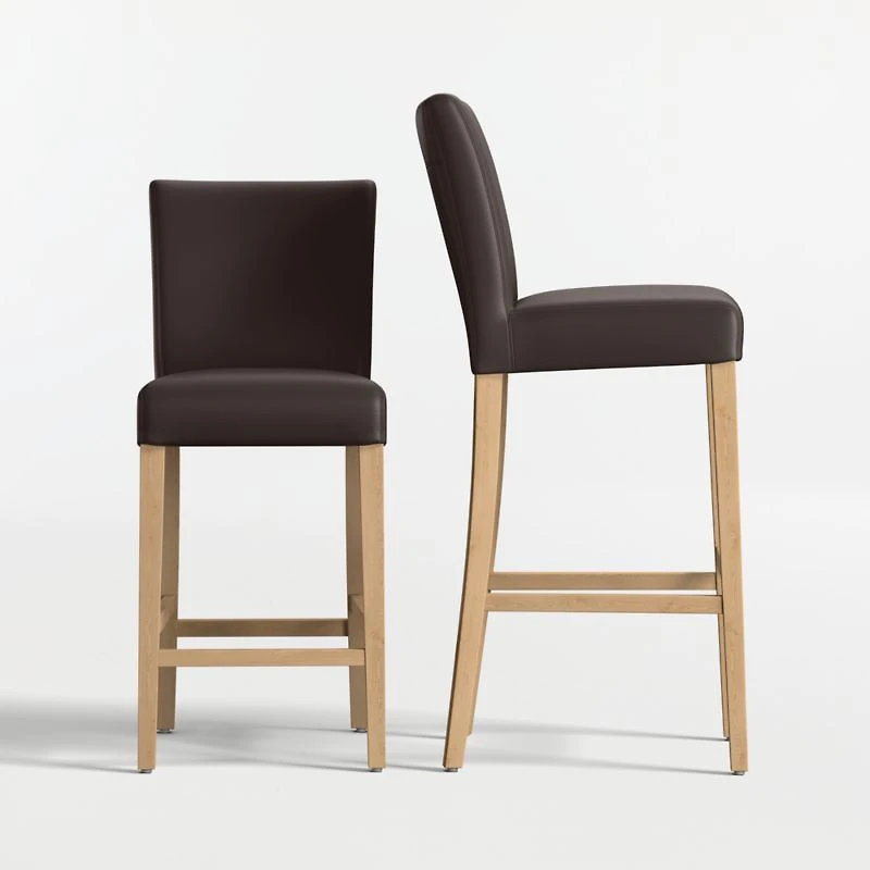 Lowe Chocolate Leather Bar Stool with Natural Wood Legs