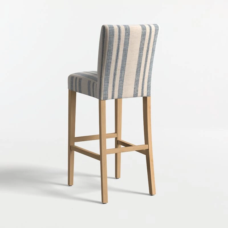 Lowe Indigo Stripe Upholstered Bar Stool with Natural Wood Legs