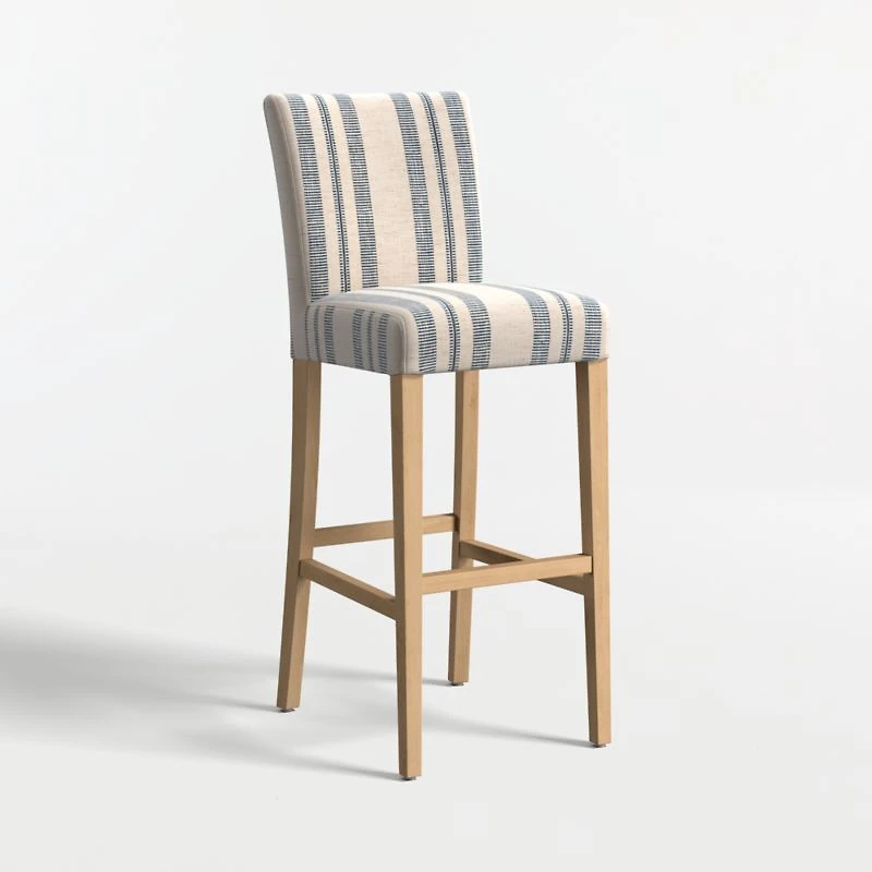Lowe Indigo Stripe Upholstered Bar Stool with Natural Wood Legs