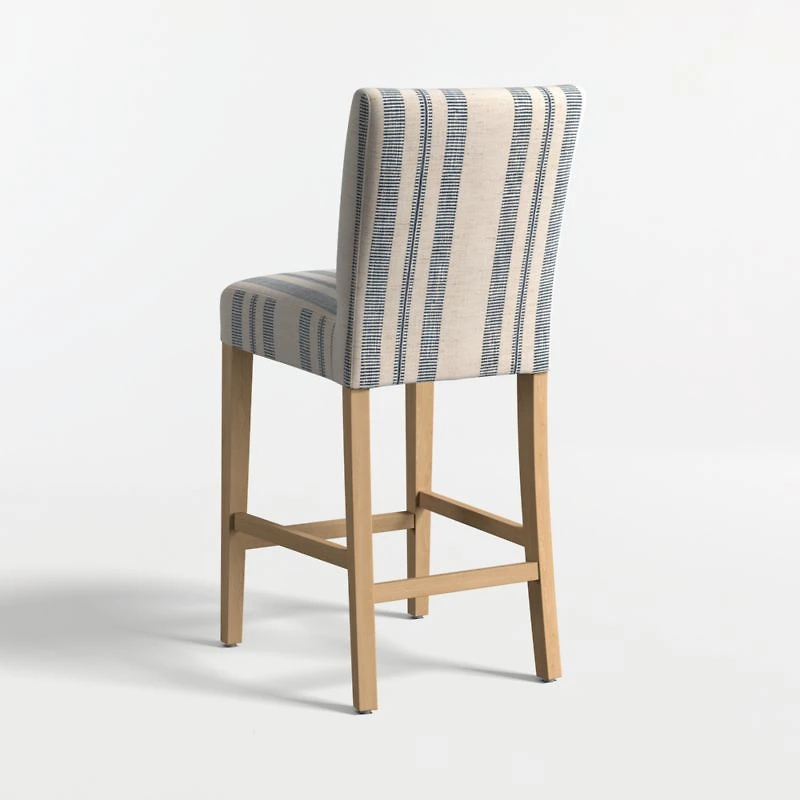 Lowe Indigo Stripe Upholstered Counter Stool with Natural Wood Legs