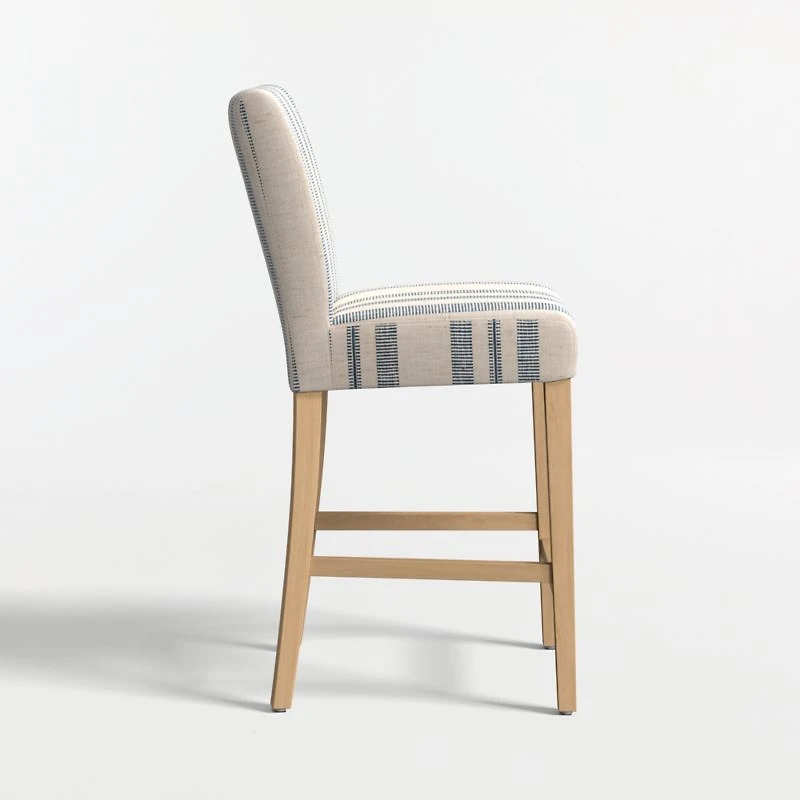 Lowe Indigo Stripe Upholstered Counter Stool with Natural Wood Legs