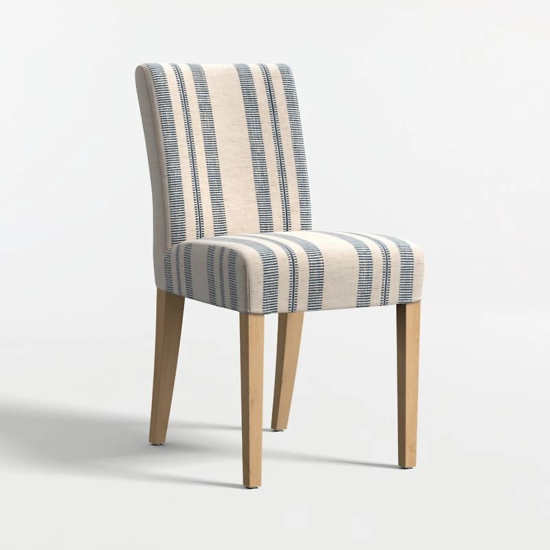 Lowe Indigo Stripe Upholstered Dining Chair with Natural Wood Legs