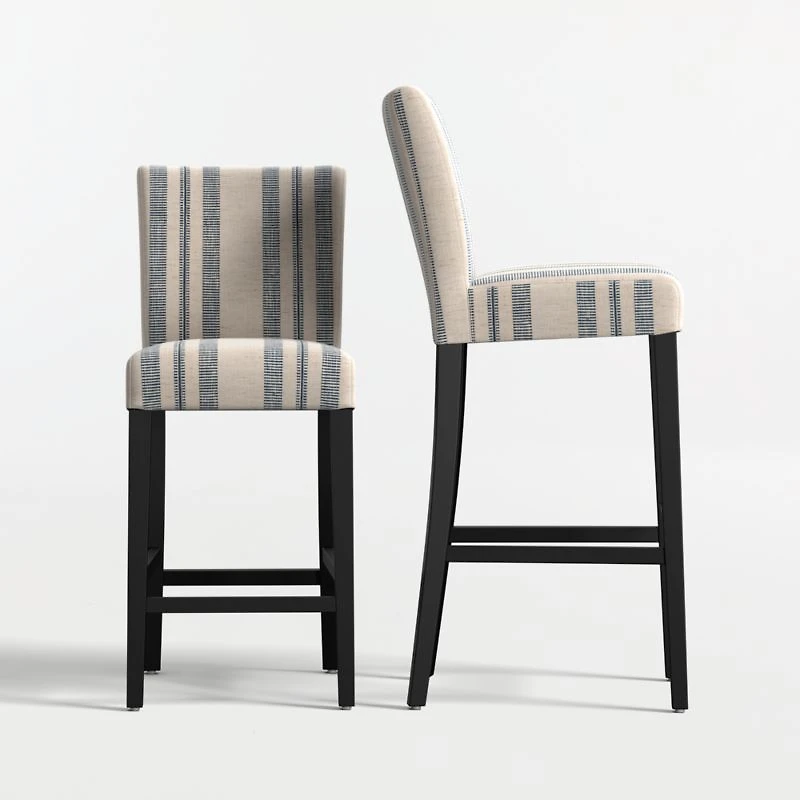 Lowe Indigo Stripe Upholstered Bar Stool with Ebony Wood Legs