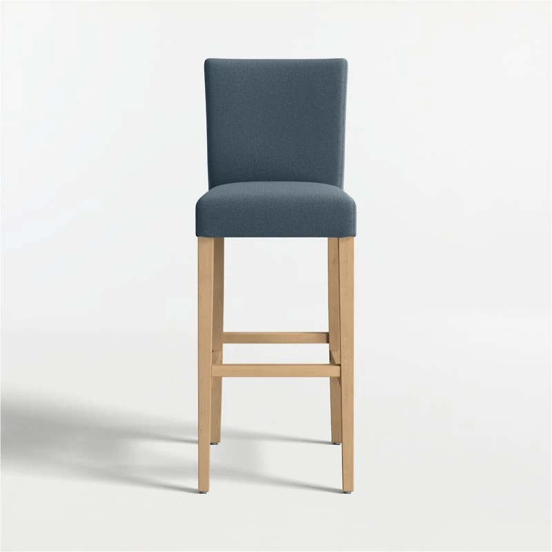 Lowe Navy Upholstered Bar Stool with Natural Wood Legs