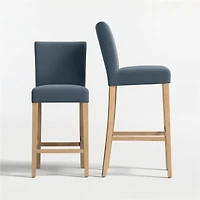 Lowe Navy Upholstered Bar Stool with Natural Wood Legs