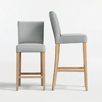 Lowe Pewter Grey Leather Bar Stool with Natural Wood Legs