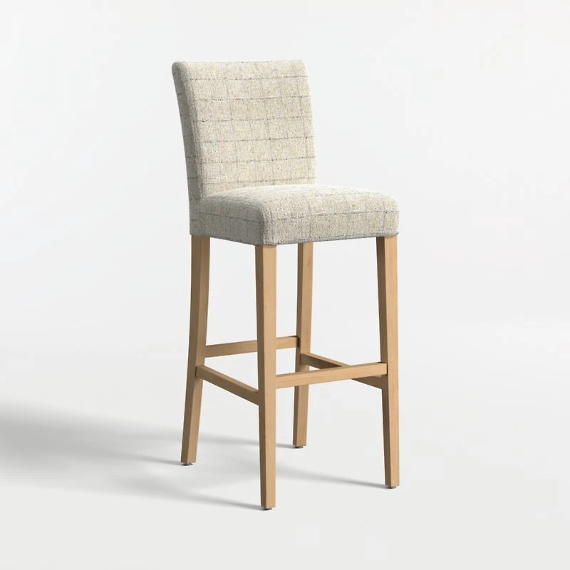 Lowe Topaz Check Upholstered Bar Stool with Natural Wood Legs