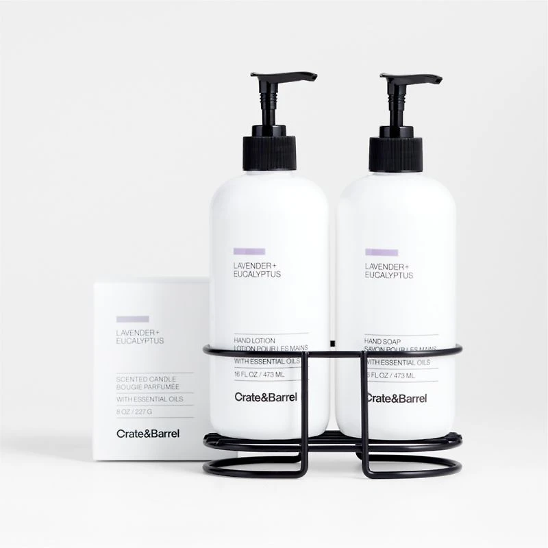 Lavender + Eucalyptus Hand Soap, Lotion and Candle Gift Set with Matte Black Caddy