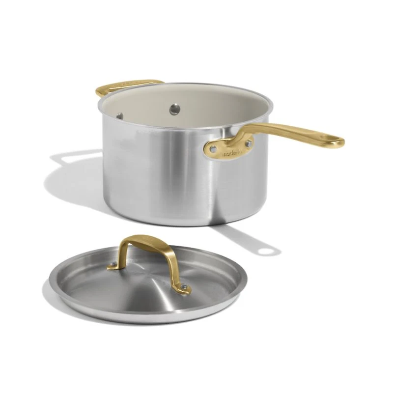 Made In CeramiClad™ Non-Stick 4-Qt. Saucepan with Antique Brass Hardware