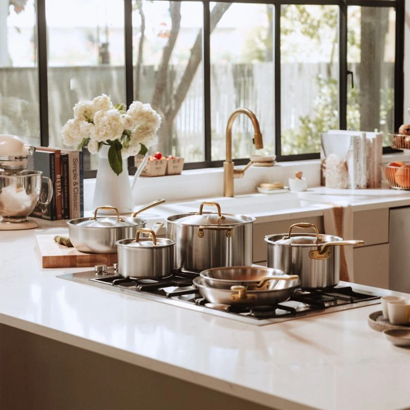 Made In Stainless Clad 10-Piece Cookware Set with Antique Brass Hardware