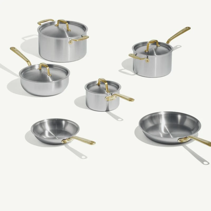 Made In Stainless Clad 10-Piece Cookware Set with Antique Brass Hardware