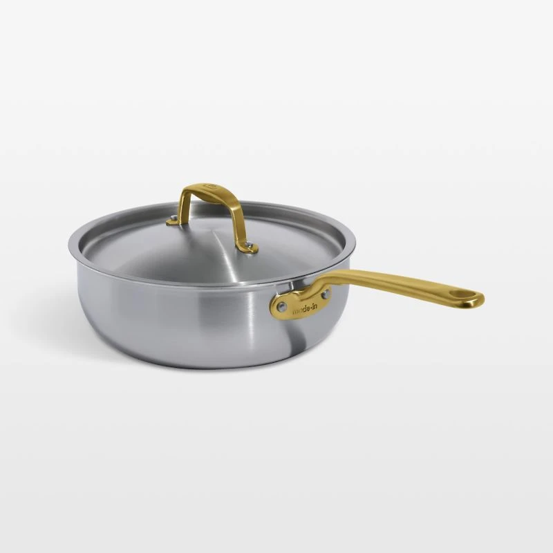Made In Stainless Clad 3-Qt. Saucier with Antique Brass Hardware