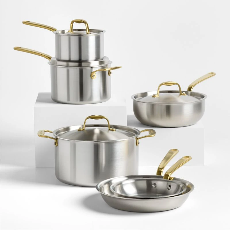 Made In Stainless Clad 10-Piece Cookware Set with Antique Brass Hardware