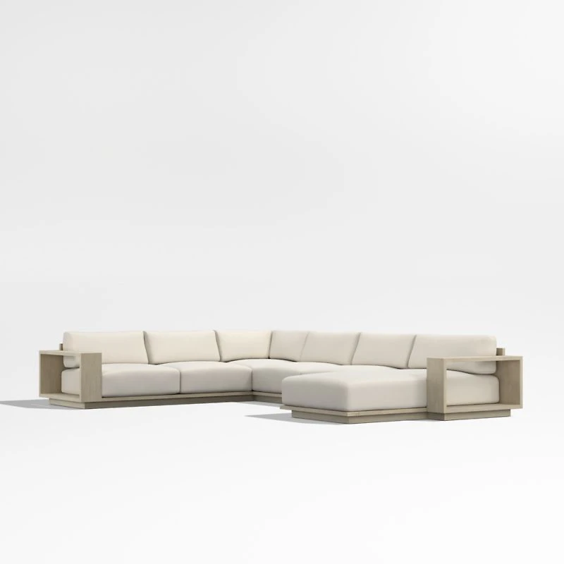 Mallorca Wood 4-Piece Right-Arm Chaise U-Shaped Outdoor Sectional Sofa with Cast Harbor Navy Blue Sunbrella ® Cushions