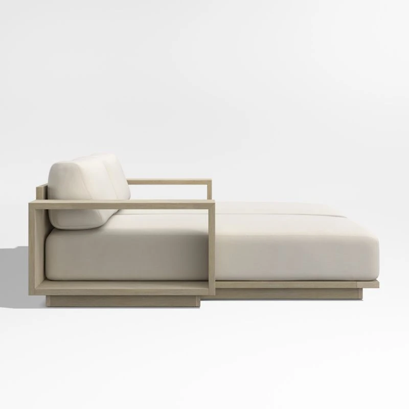 Mallorca 86" Wood Double-Chaise Outdoor Daybed with Ivory Cushions