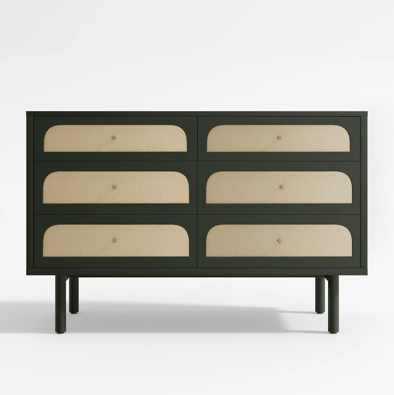 Maren Olive Green and Cane Wood 6-Drawer Dresser