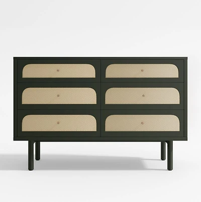 Maren Olive Green and Cane Wood 6-Drawer Dresser