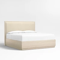 Meraux Ivory Upholstered King Headboard with White Oak Storage Bed Base