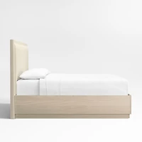 Meraux Ivory Upholstered King Headboard with White Oak Storage Bed Base