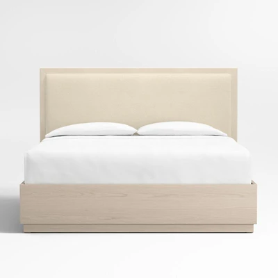 Meraux Ivory Upholstered King Headboard with White Oak Storage Bed Base