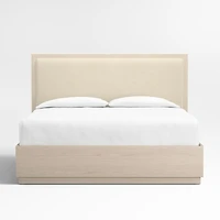 Meraux Ivory Upholstered King Headboard with White Oak Storage Bed Base