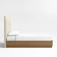 Meraux 56" Ivory Upholstered Queen Headboard with Batten Brown Oak Bed Base