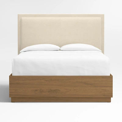 Meraux 56" Ivory Upholstered Queen Headboard with Batten Brown Oak Storage Bed Base