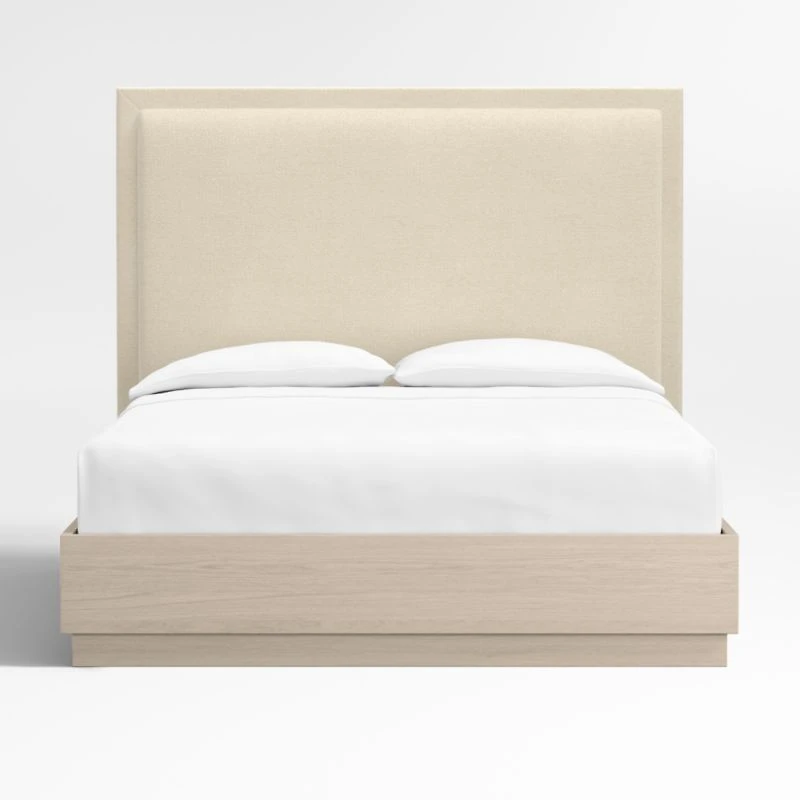 Meraux Ivory Upholstered King Headboard with White Oak Bed Base