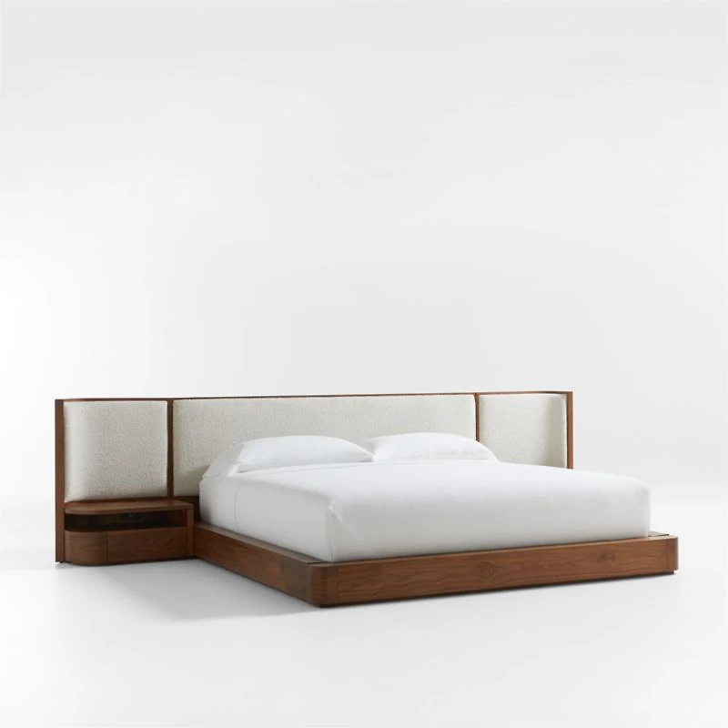 Milano Natural Walnut Wood Upholstered King Bed with Nightstands