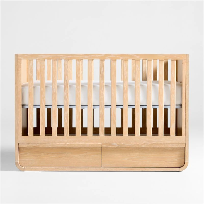 Mira Natural Oak Wood Convertible Baby Crib with Storage and Toddler Bed Rail