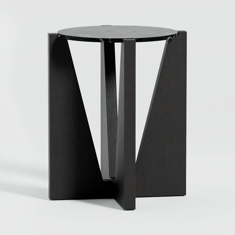 Miro Black Marble Round End Table with Black Ebonized White Oak Wood Base