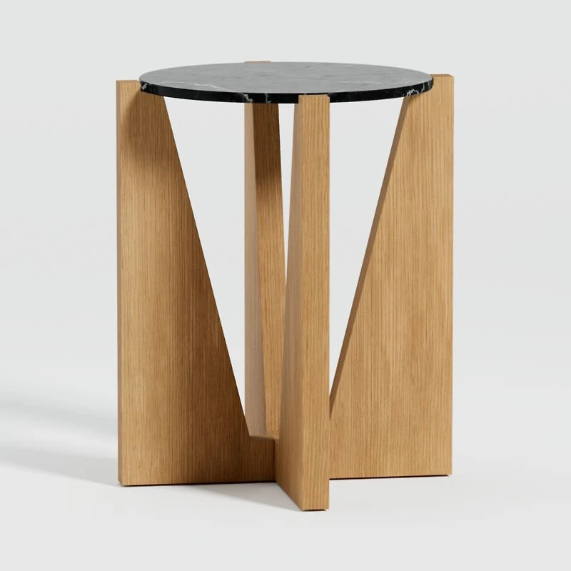 Miro Black Marble Round End Table with Natural White Oak Wood Base