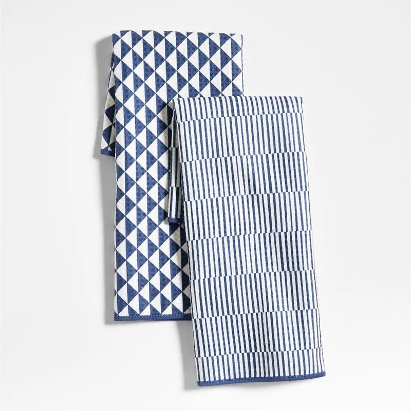 Modern Check Indigo Recycled Kitchen Towels, Set of 2