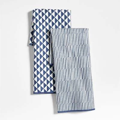 Modern Check Indigo Recycled Kitchen Towels, Set of 2