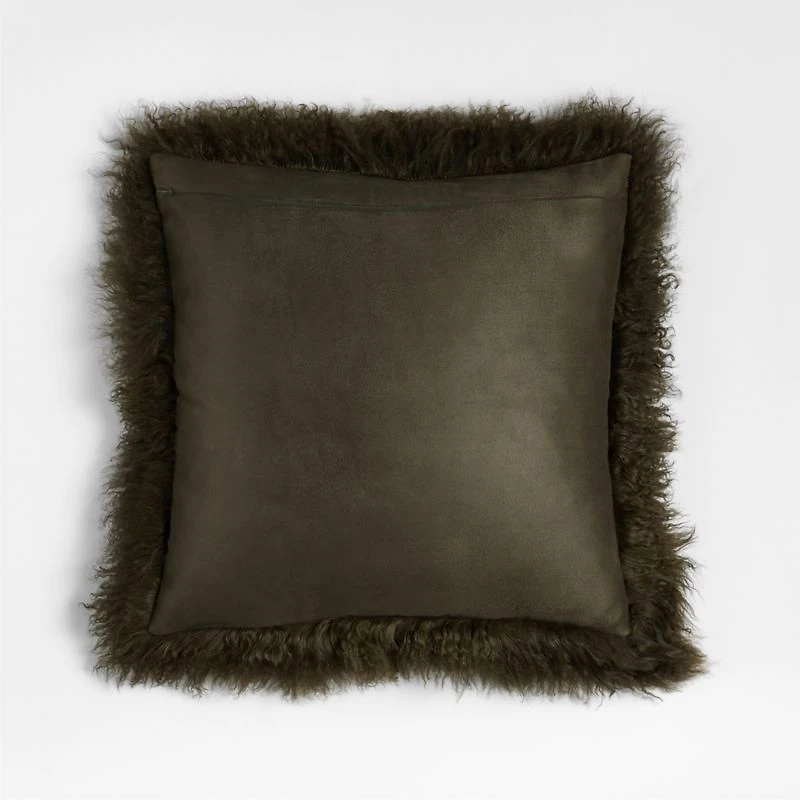 Mongolian Sheepskin 20"x20" Burnt Green Throw Pillow with Feather Insert