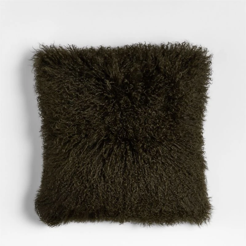 Mongolian Sheepskin 20"x20" Burnt Green Throw Pillow with Feather Insert
