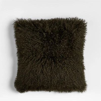 Mongolian Sheepskin 20"x20" Burnt Green Throw Pillow with Feather Insert