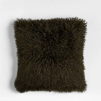 Mongolian Sheepskin 20"x20" Burnt Green Throw Pillow with Feather Insert