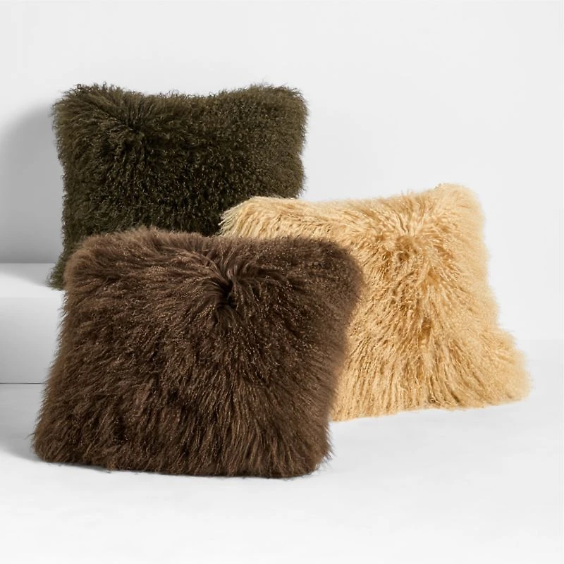 Mongolian Sheepskin 20"x20" Burnt Green Throw Pillow with Feather Insert