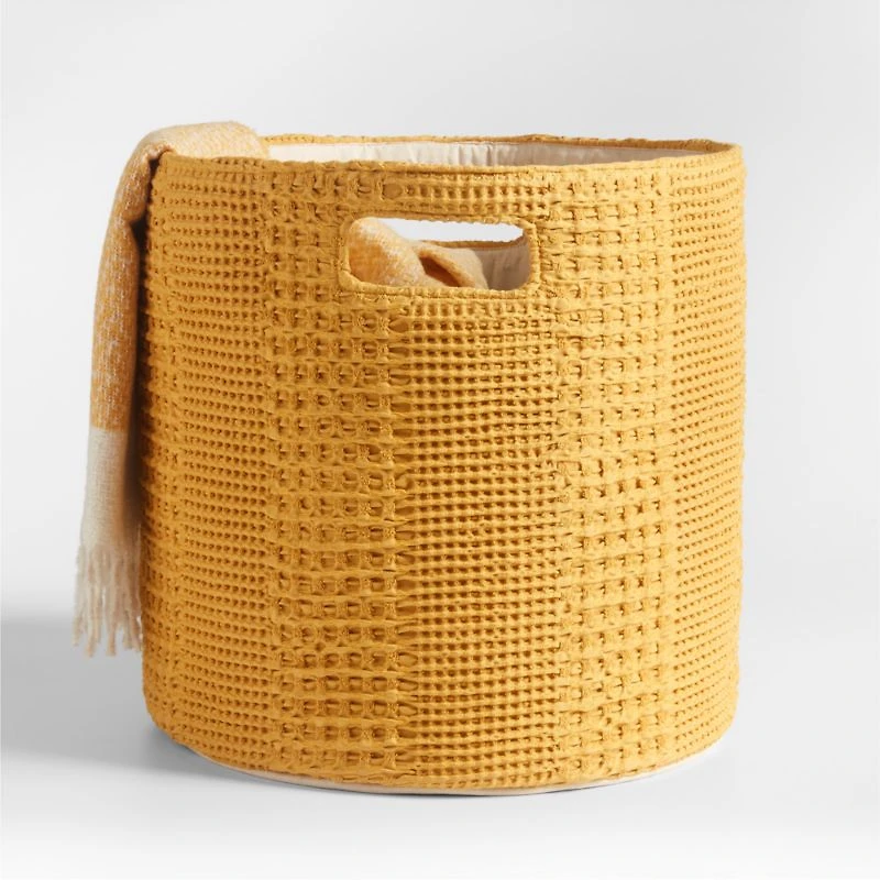 Nella Ochre Yellow Cotton Waffle Weave Large Storage Bin with Handles